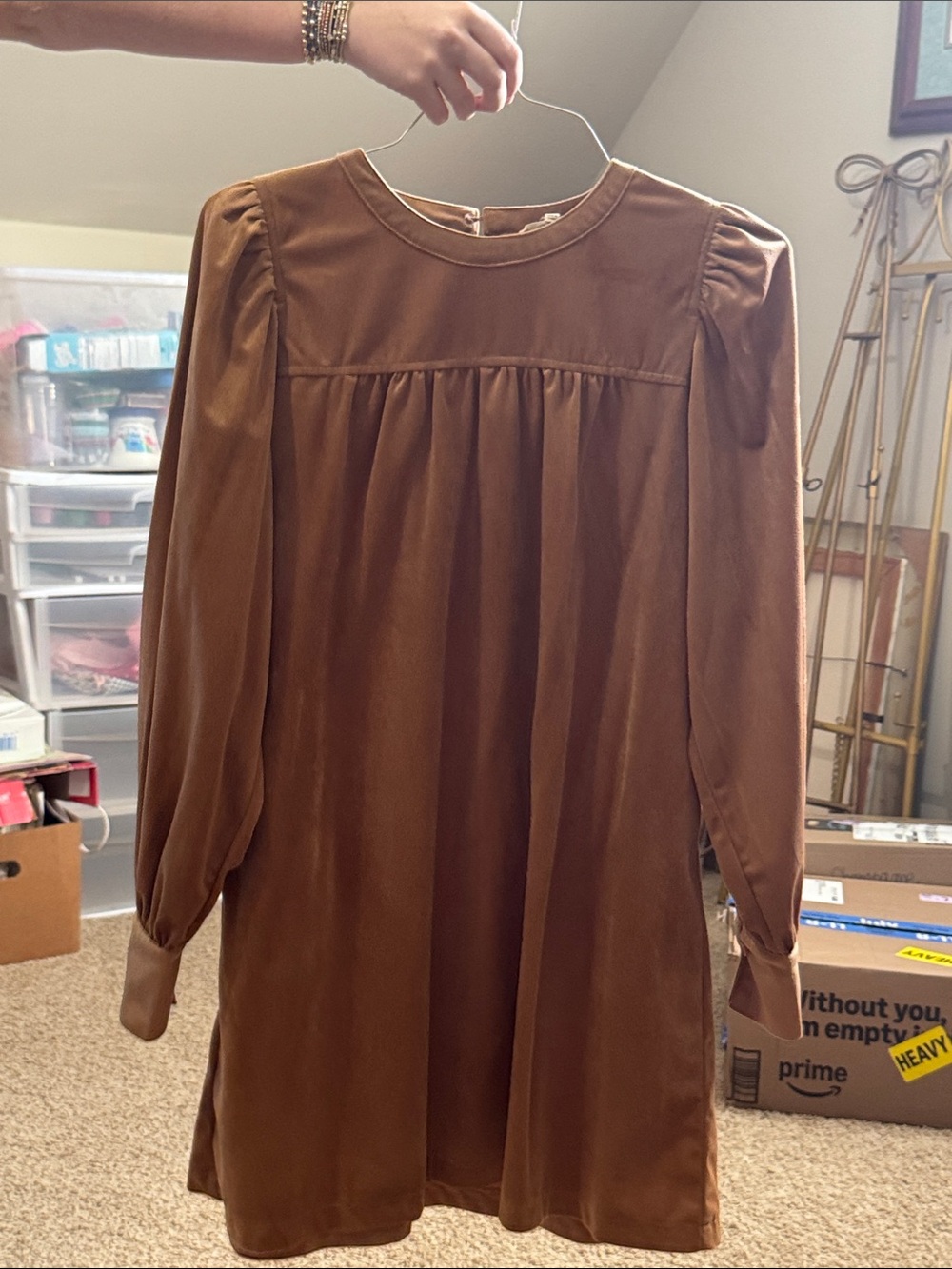 Long Sleeve Brown Pleated Yoke Mini Dress